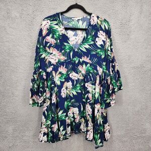 Label of Love Medium Floral Print V Neck Ruffle Hem Long Sleeve Tunic Top Blouse